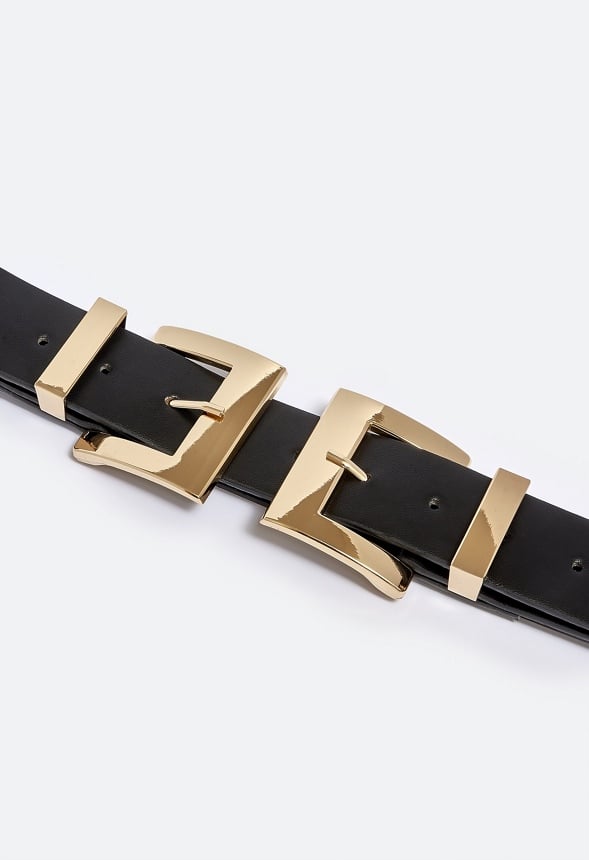 ◆LCDC◆ DOUBLE BUCKLE LEATHER BELT LCDWAABT28020 Kacy Adjustable Double Buckle Faux Leather Belt in Gold
