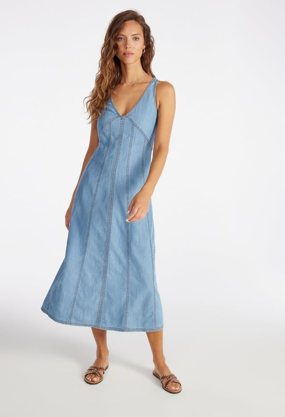 Denim V-Neck Midi Dress in Riptide - Get great deals at JustFab