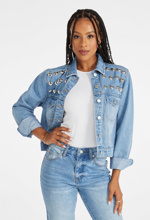 Studded Trucker Denim Jacket in Fray - Get great deals at