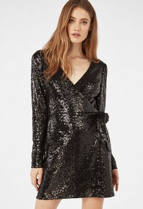 Sequin Wrap Dress in Black Get great deals at JustFab