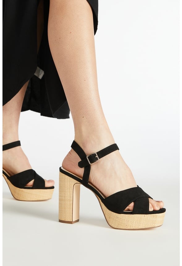 Tina Crossover Platform Sandal in Black/ Raffia - Get great