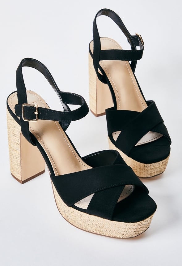 Tina Crossover Platform Sandal in Black/ Raffia - Get great