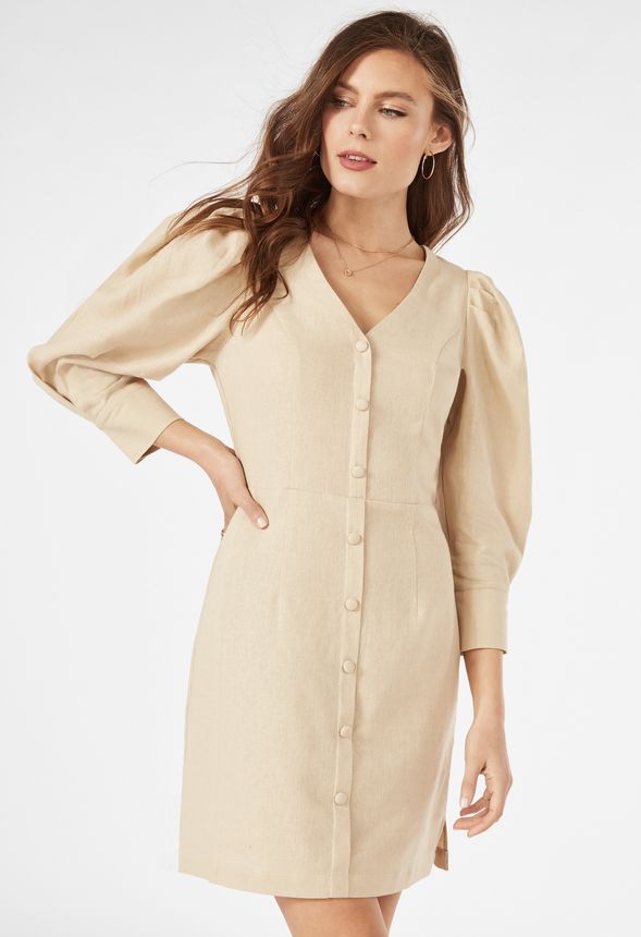 Linen Puff Sleeve Mini Dress