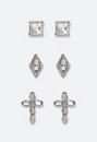 3-Pair Pack Olivia Glass Stone Cross Stud Earrings