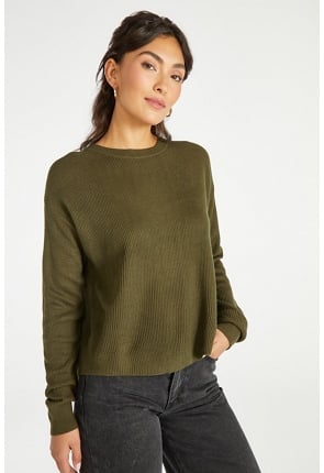 Back Slit Knit Pullover Sweater in Green - Get great deals at JustFab