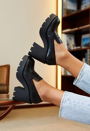 Cher Heeled Lug Sole Loafer in Black Caviar Get great deals at JustFab