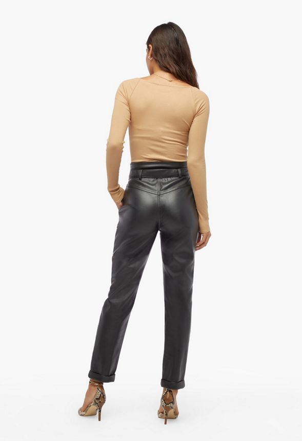High Rise Belted Faux Leather Trousers Plus Size in Black - Get great deals  at JustFab