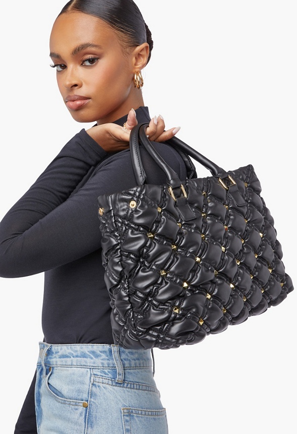 Stud Quilted Satchel in Black Get great deals at JustFab