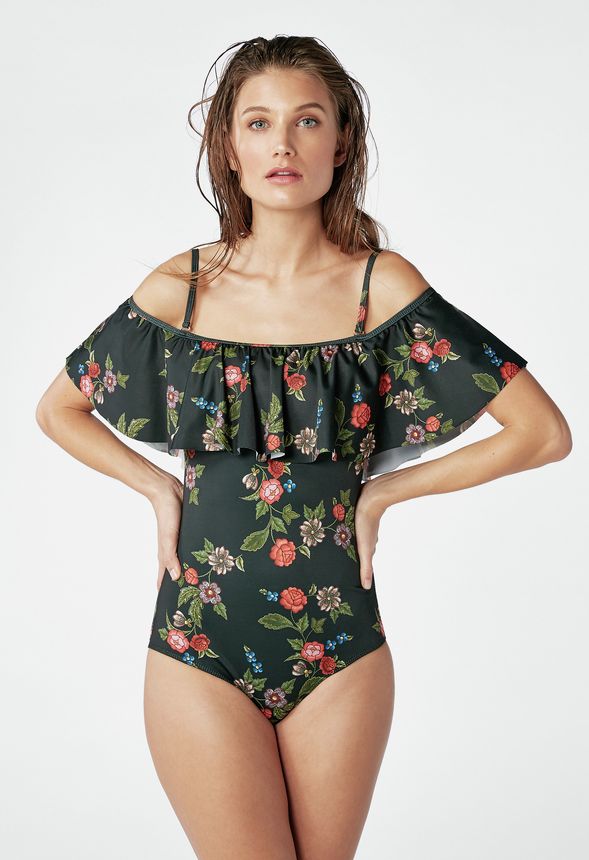 Off Shoulder Ruffle Swimsuit in Black Multi Get great deals at JustFab