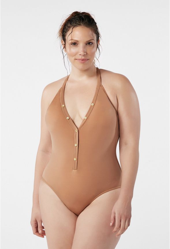 Button Trim Swimsuit in Golden Honey Get great deals at JustFab