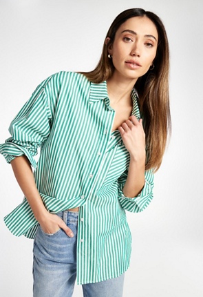 Striped Boyfriend Shirt in Green/ White Stripe - Get great deals at JustFab